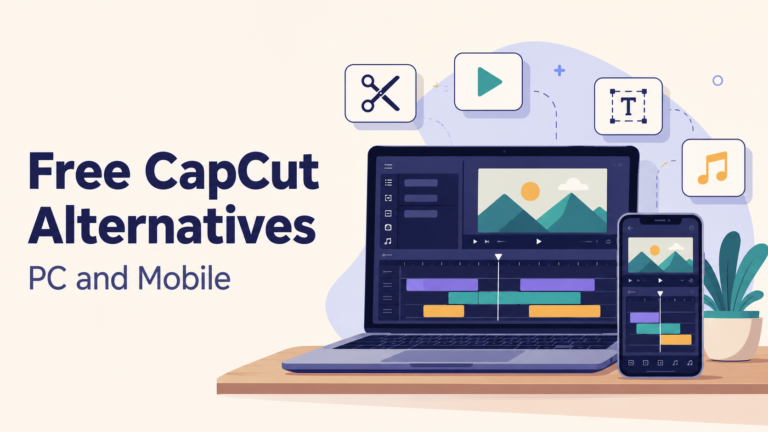 Laptop and phone showing video editing timelines, representing free CapCut alternatives