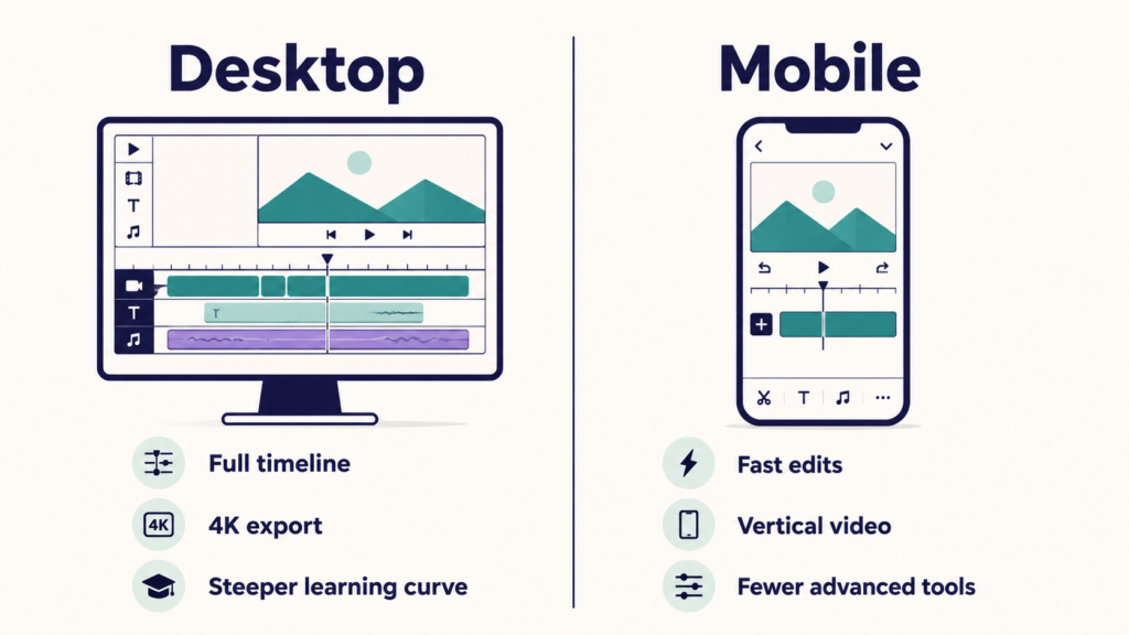 Comparison diagram of desktop and mobile free video editors showing timeline and export differences