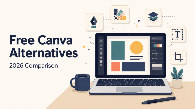 Free Canva alternatives compared, laptop showing a design canvas with tool icons